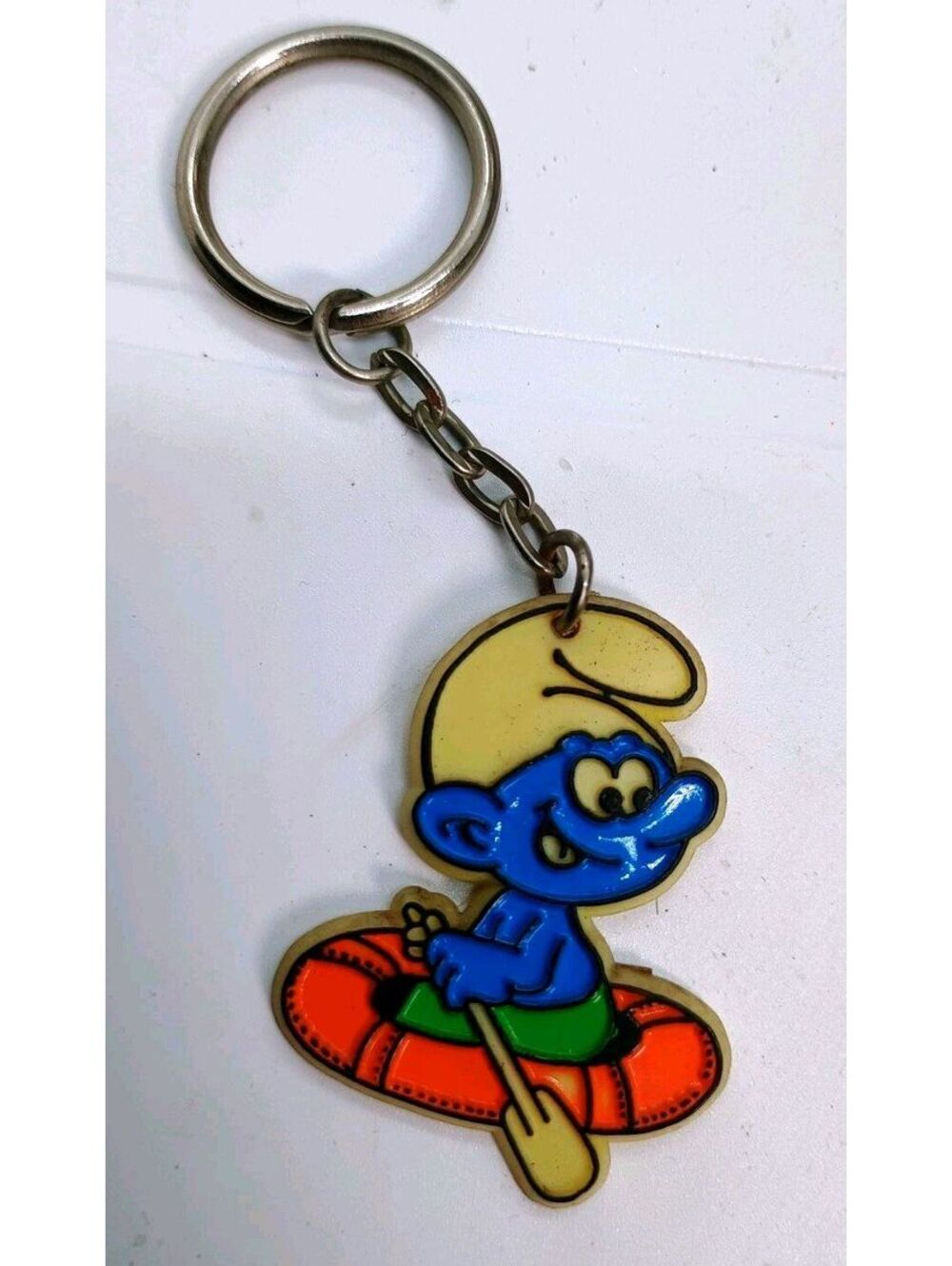Vintage 1980s Smurf Metal Keychain 1.5" Orange Hat Cartoon Character